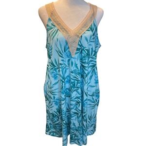 SimpleFun Tropical Floral Palm Print V-Neck Crochet Lace Shift Dress Blue Size L